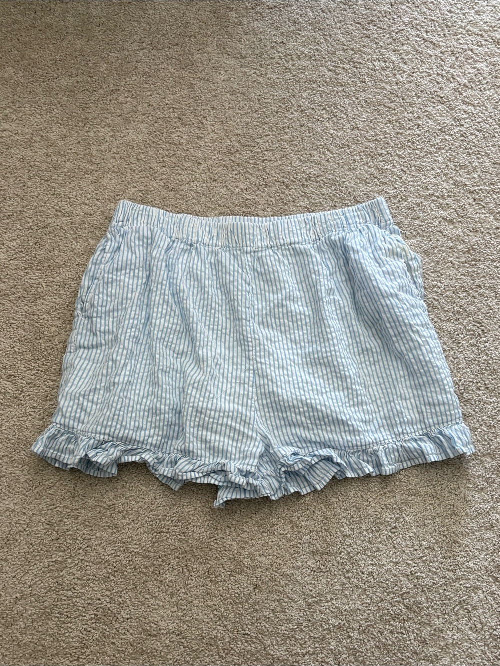 White & Blue Striped Ruffle Hem Shorts | Size XL